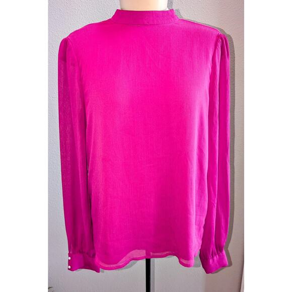 WAYF High Neck Modest Tie Neck Pearl Button Sleeve Lined Blouse Magenta Sz M - Picture 1 of 6